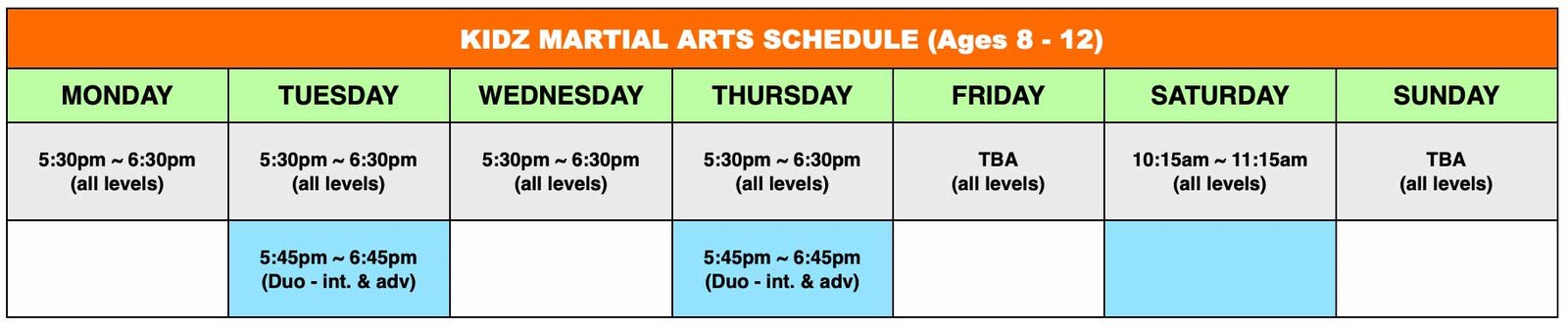 kids martial arts schedule north toronto