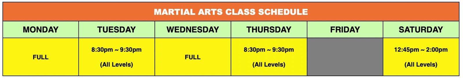 north york martial arts schedule